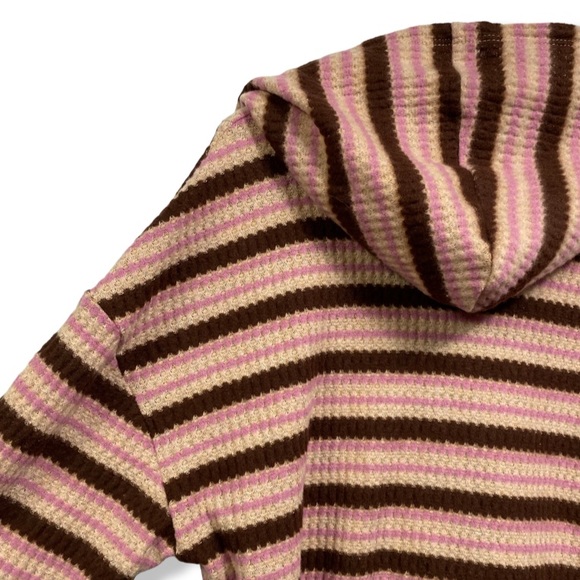 LUSH Cropped Hooded Pullover Sweater, Waffle Knit, Burgundy, Tan & Brown Stripes - Picture 8 of 13